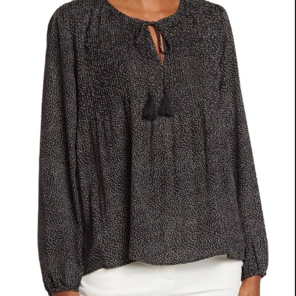 DR2 Daniel Rainn Tassel Tie Blouse Black Micro Polka Dot Boho Black and White XL